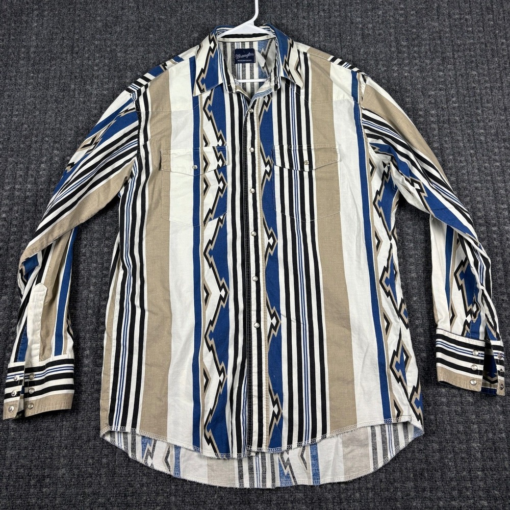 Vintage Wrangler Western Aztec Shirt Pearl Snap Geometric Stripe Large Blue Tan
